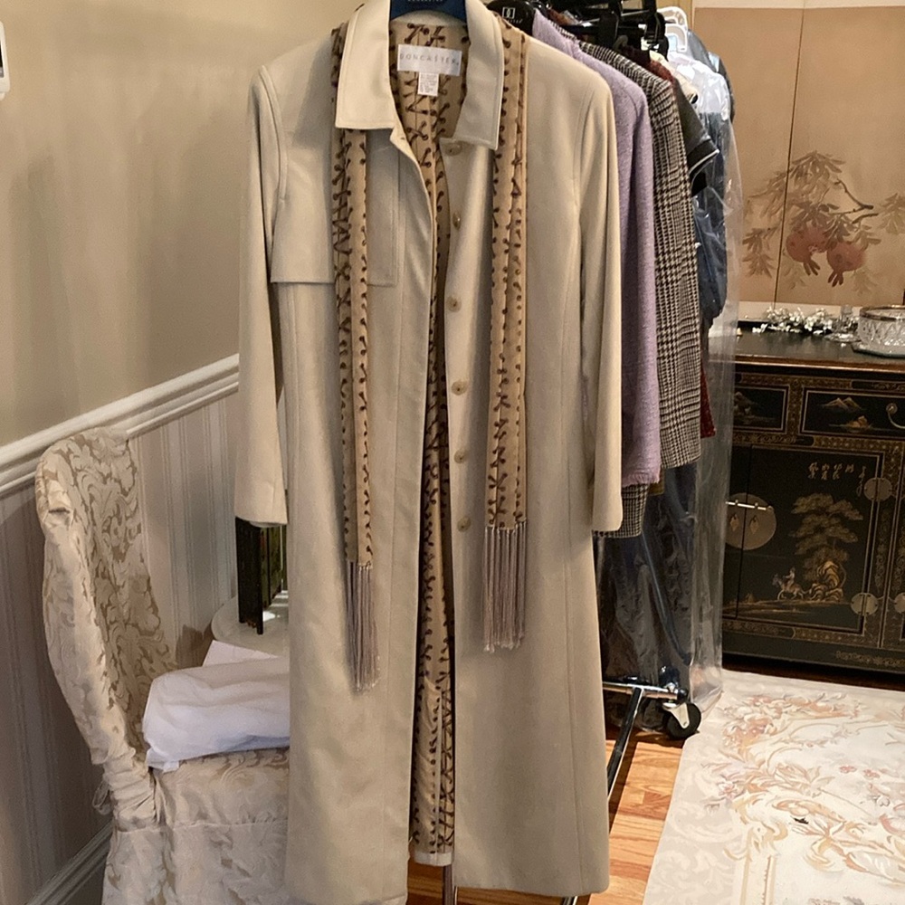 Elegant Cream Long Coat with Scarf